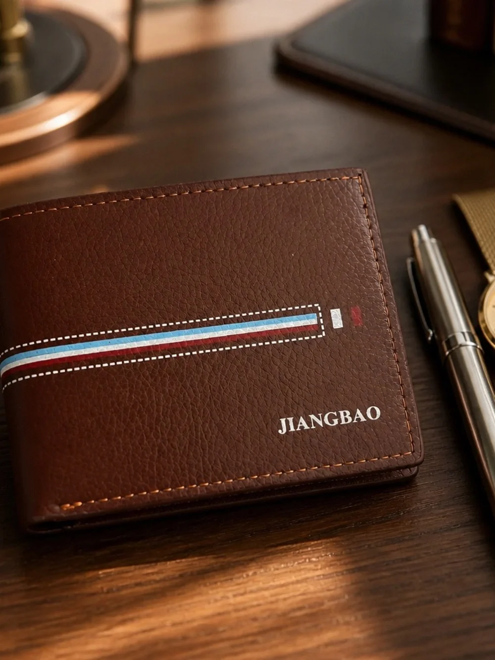 Men's Brown Leather Bifold Wallet with Tricolor Accent NWT